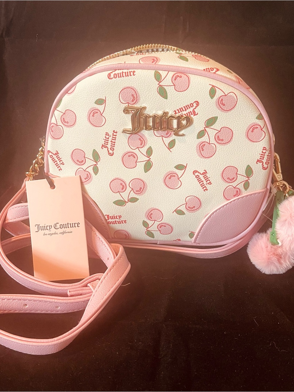 Juicy Couture Soft White/Pink Cherry Print Dome Crossbody Bag with Gold Logo